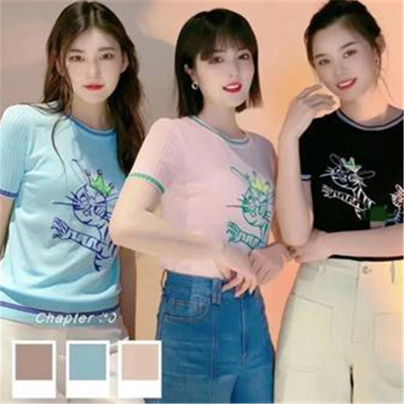 Áo thun ngắn tay nữ dệt kim lụa băng mỏng thêu kim cương họa tiết hổ — Đen (một con hổ) chi tiết 2