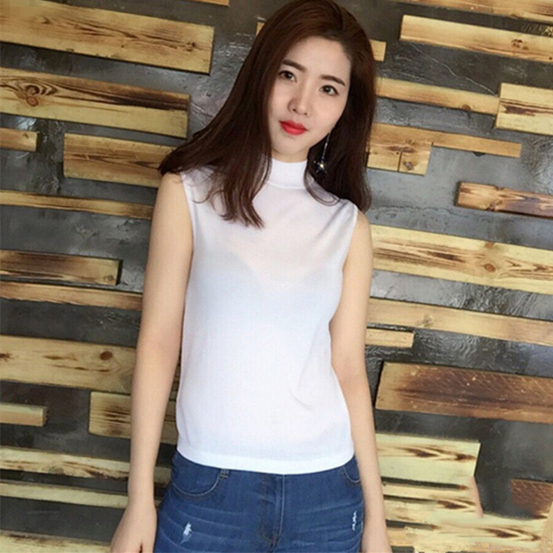 Áo thun nữ cổ trụ nửa cao không tay chất liệu lụa đá dệt kim mặc trong — Xanh bơ chi tiết 6