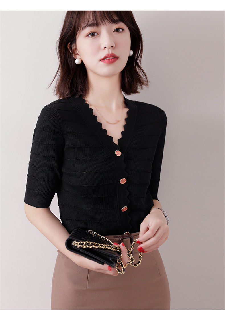 Áo cardigan dệt kim tay ngắn cổ V viền sóng chất liệu lụa đá mát mẻ — Màu đen chi tiết 11