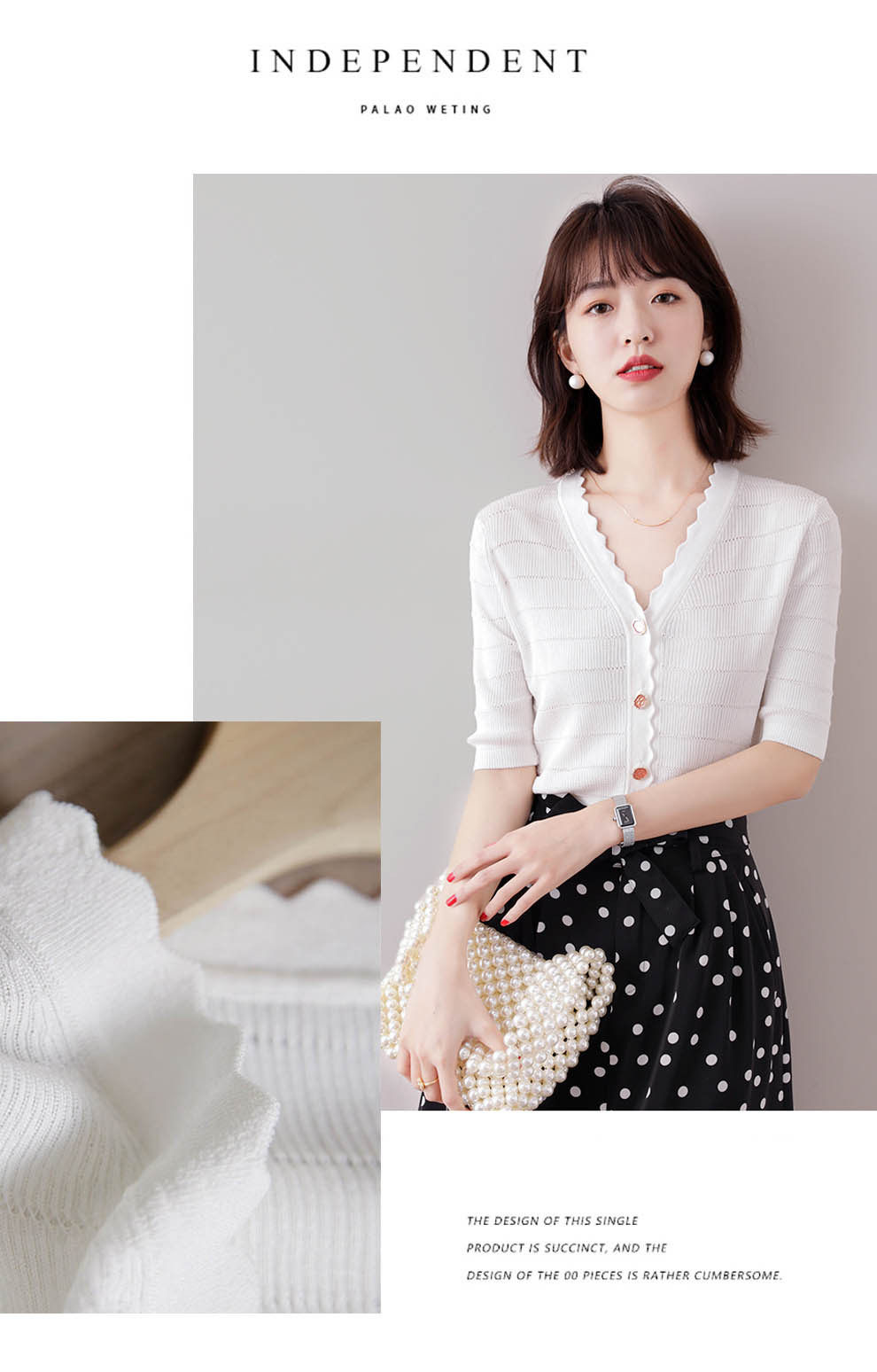 Áo cardigan dệt kim tay ngắn cổ V viền sóng chất liệu lụa đá mát mẻ — Màu đen chi tiết 8