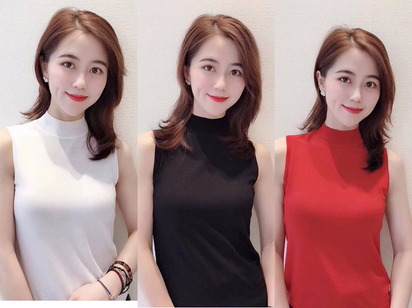 Áo thun nữ cổ trụ nửa cao không tay chất liệu lụa đá dệt kim mặc trong — Xanh bơ chi tiết 4