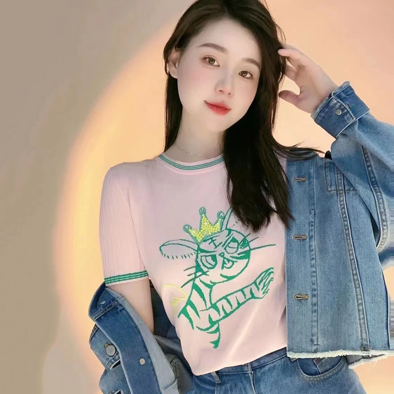 Áo thun ngắn tay nữ dệt kim lụa băng mỏng thêu kim cương họa tiết hổ — Đen (một con hổ) chi tiết 4