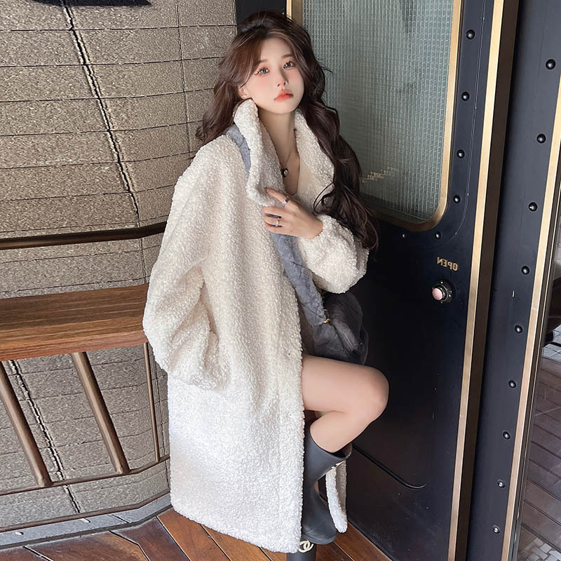 Fur Teddy Bear Lamb Wool Coat, Fur Integrated Coat, Long Shearling Coat, Thickened, Loose Fit, Stand Collar, Over-The-Knee
