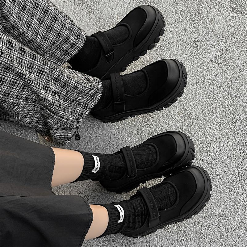 Oottdd Men's and Women's Mary Jane Retro Velcro Height-Increasing Thick-Soled Niche Black Casual Outdoor Shoes for Men and Women