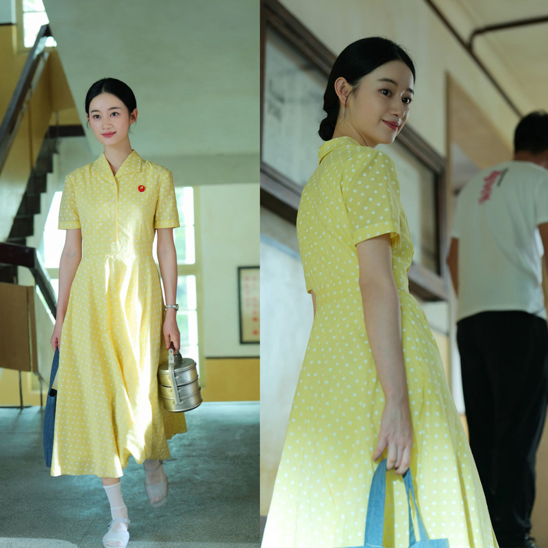 The Love of the Innocent Era, Guo Xiaoting and Fang Mu Jing's Same Style Yellow Polka-Dot Shirt Dress, Elegant and Niche Long Dress The Love of the Innocent Era, Guo Xiaoting and Fang Mu Jing's Same Style Yellow Polka-Dot Shirt Dress, Elegant and Niche Long Dress