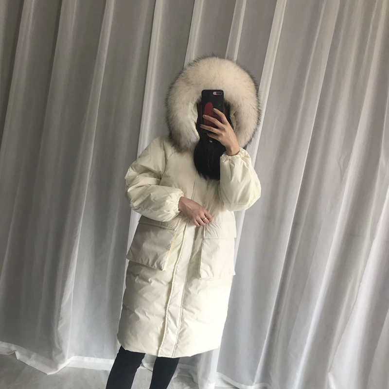 2018 mùa đông chống mùa Hàn Quốc ulzzang lớn cổ áo lông thú xuống áo khoác nữ phần dài lỏng lẻo trên đầu gối xuống kích thước lớn triều