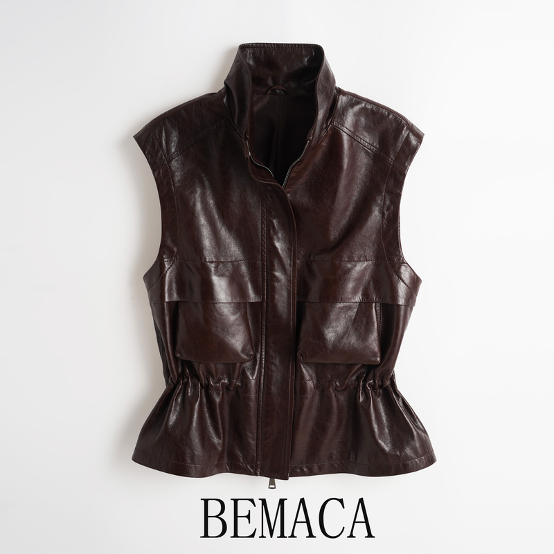 Bemaca Imported Crystal Oil Wax Sheepskin Work Vest for Women, Stand Collar, Sleeveless, Waist-Cinching Genuine Leather Vest