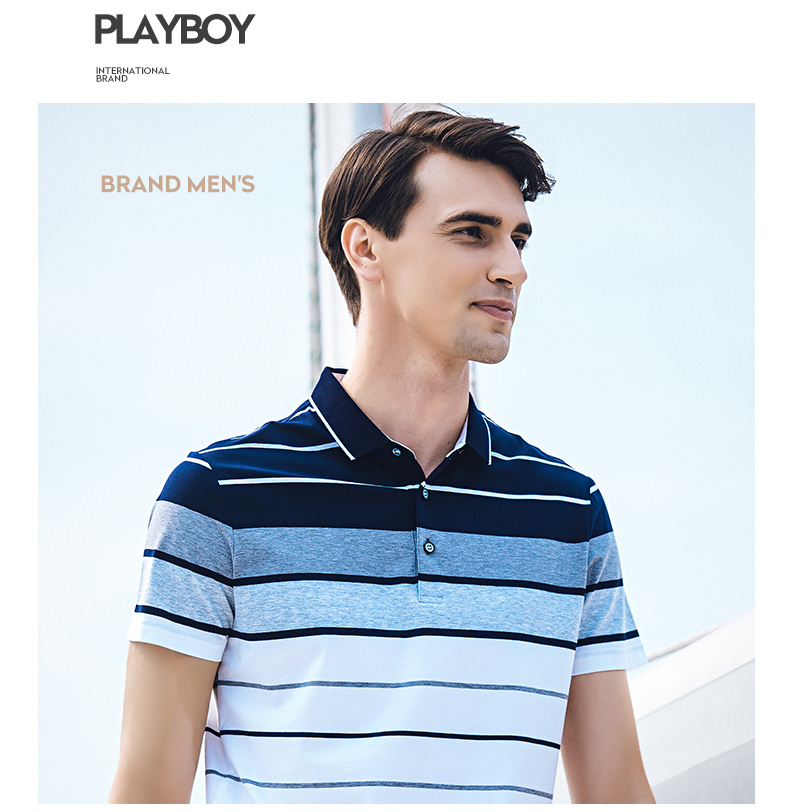 Playboy ngắn tay polo quần áo của nam giới thời trang sọc mùa hè mới băng lụa breathable kinh doanh lỏng t- shirt