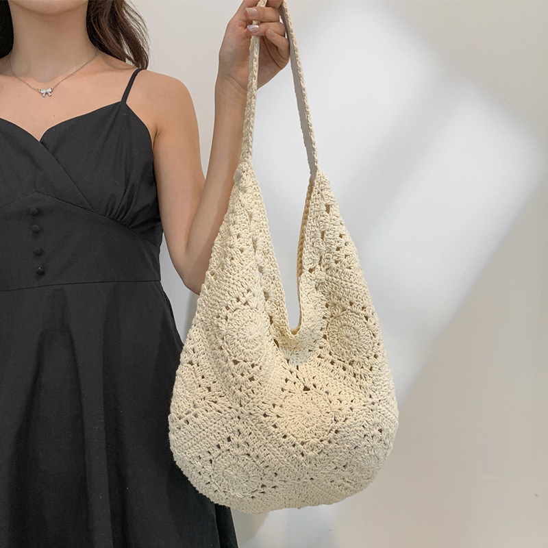 Artistic and Natural Style Handmade Woven Bag, Casual Large-Capacity Shoulder Bag, Underarm Bag, Beach Bag for Seaside Vacation, Crochet Bag