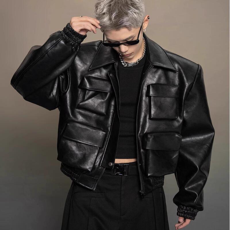 American-Style Dark Silhouette Short Leather Jacket for Men and Women, Casual Lapel, Cool and Trendy Biker Leather Jacket Top American-Style Dark Silhouette Short Leather Jacket for Men and Women, Casual Lapel, Cool and Trendy Biker Leather Jacket Top
