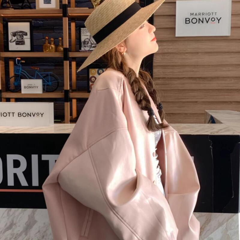 Plus-Size Women's Spring and Autumn Pink Pu Leather Baseball Jacket, Trendy Versatile Sweet Loose-Fitting Jacket Outfit