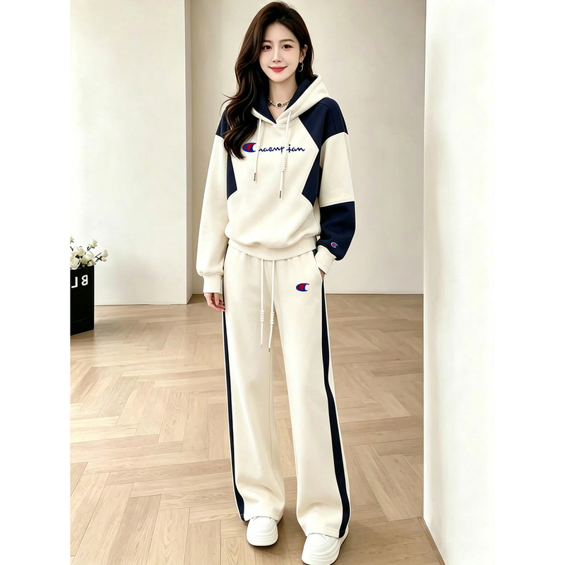 Champion Captain Apricot Suit Women's Autumn Hooded Sportswear 2026 Autumn/Winter New Style Fleece-Lined Color-Block Two-Piece Set