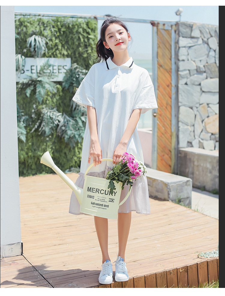 VK旗艦店 韓系時尚百搭網紗下擺拼接顯瘦長版短袖洋裝