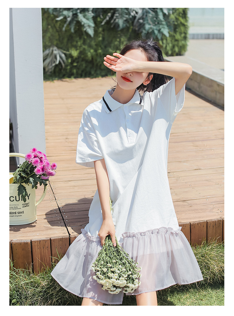 VK旗艦店 韓系時尚百搭網紗下擺拼接顯瘦長版短袖洋裝