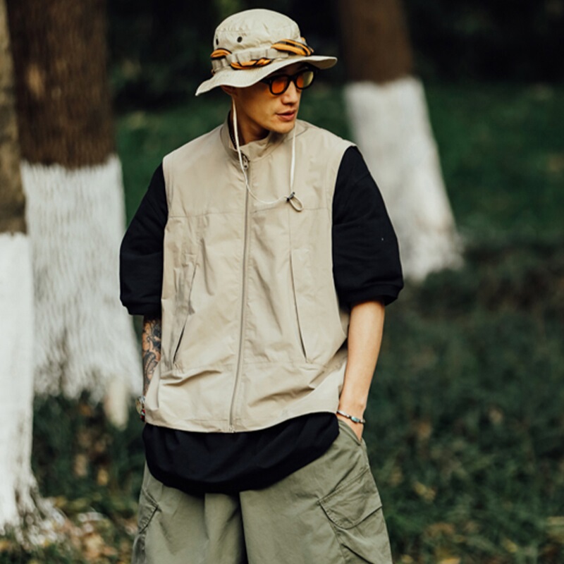 Khaki Mountain-Style Work Vest Japanese Retro Cityboy Jacket Men's Summer Sleeveless Vest Jacket