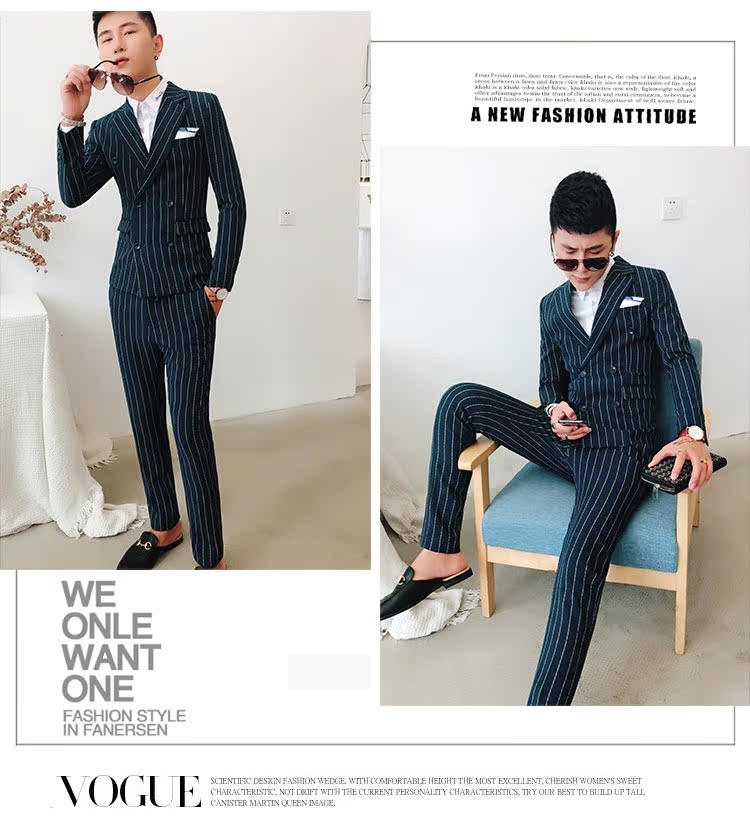 hộp đêm Hàn Quốc Slim Đàn ông Anh đôi ngực phù hợp sọc hai mảnh phù hợp với thủy triều nam quần áo Đêm áo phông nam