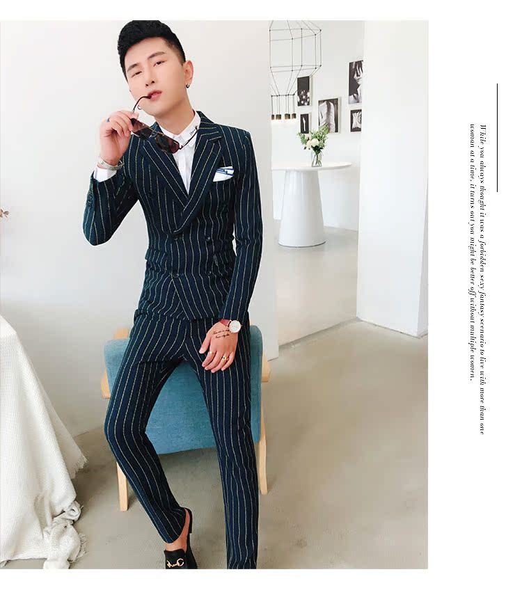 hộp đêm Hàn Quốc Slim Đàn ông Anh đôi ngực phù hợp sọc hai mảnh phù hợp với thủy triều nam quần áo Đêm áo phông nam
