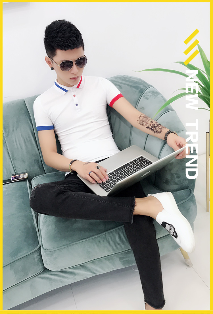 Áo thun nam tay ngắn mùa hè 2018 ve áo mới phiên bản Hàn Quốc tự phối màu xu hướng áo polo nam giản dị áo polo trắng