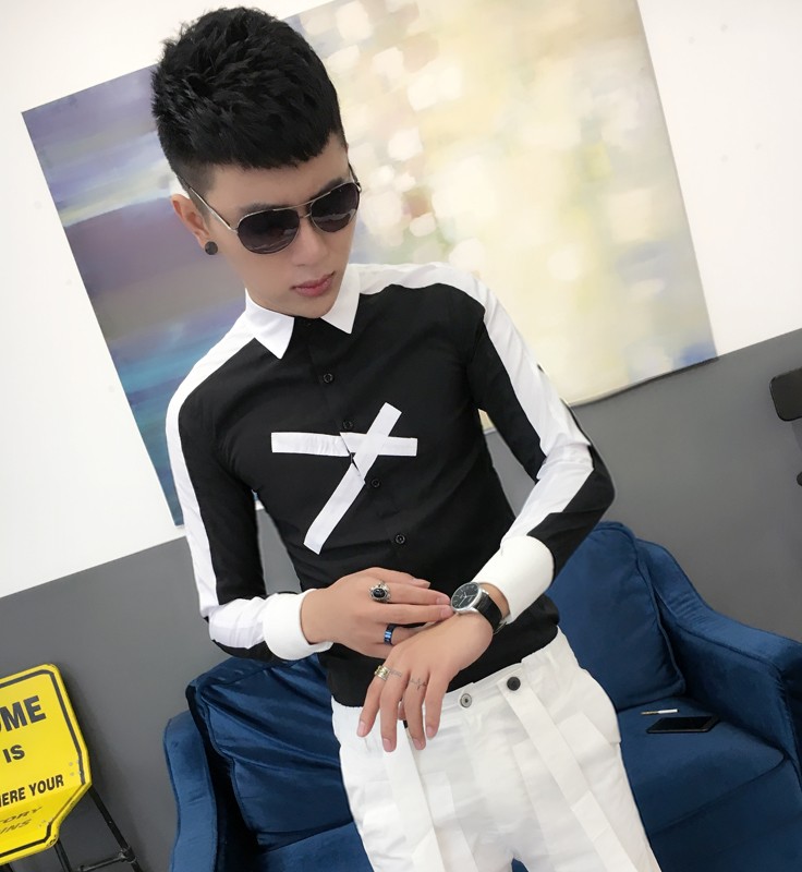 Leading black and white men fix long sleeve personality shirt new nightclub pub pop handsome shirt trend men