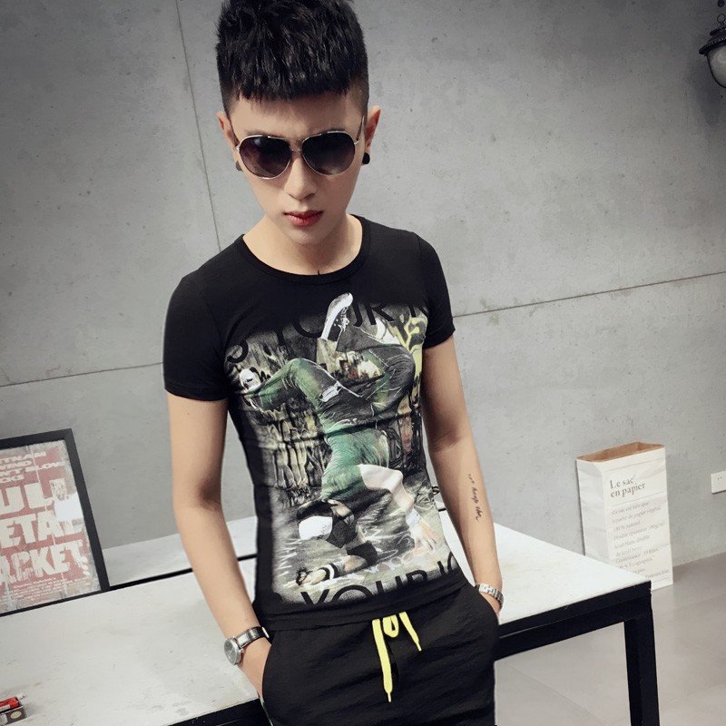 Spiritual young guy short-sleeved t-shirt men's 2021 new Korean version of the slim nightclub small size tight printing clothes tide