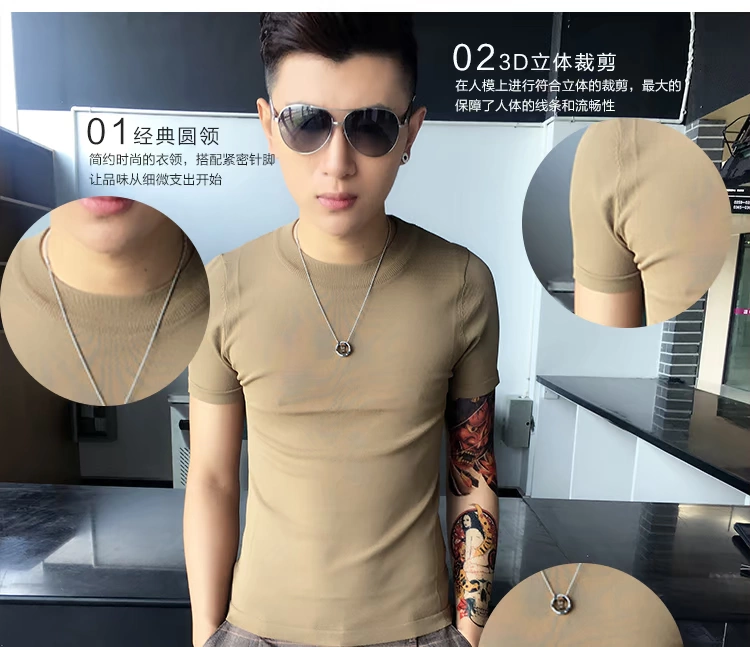 Mùa hè nam áo sơ mi Slim nửa cao cổ áo thoáng khí áo thun áo len ngắn tay màu rắn T-Shirt mỏng điều hòa không khí áo triều quần thể thao nam