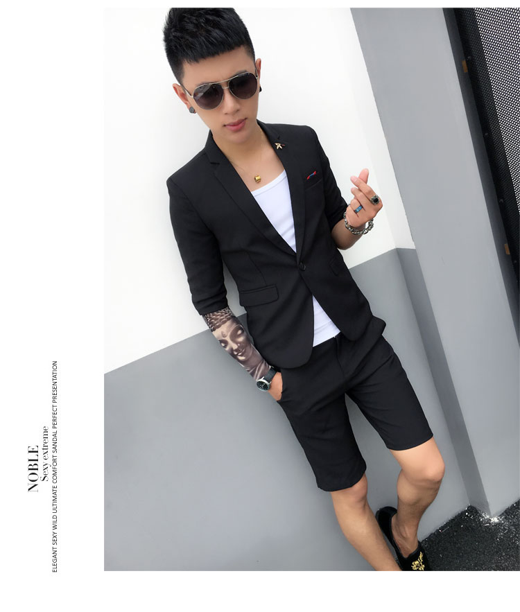 Mùa hè của Nam Giới Cắt Tay Áo Giản Dị Phù Hợp Với Nhỏ Hai mảnh England Slim Night Dòng Tóc Stylist Sleeve Suit Set