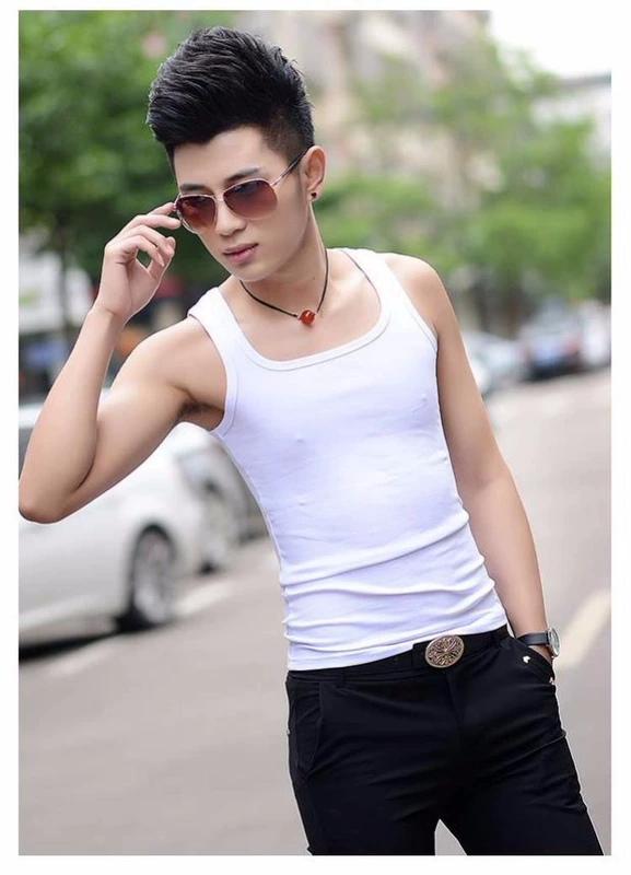 Áo thun cotton bó sát nam co giãn đáy áo vest nam mùa xuân và mùa hè cổ thấp thanh niên áo nỉ áo ấm nam mùa đông