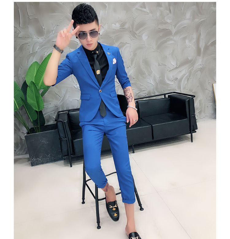 Hộp đêm Thợ cắt tóc tay áo phù hợp với người đẹp trai Hàn Quốc tay áo mỏng tay áo nhỏ phù hợp với nam giới áo dài nam