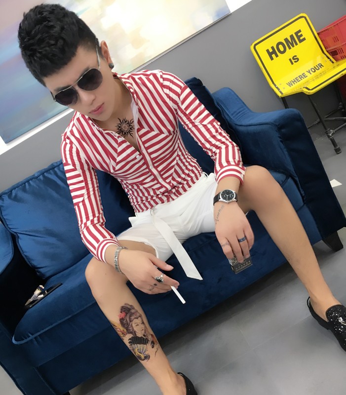 Tight Striped Shirt Men's Body Night Club Workwear Long Shirts Hairdressshop Fashion Thin bar Overalls trendy