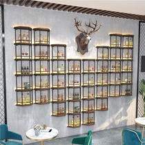 Wrought iron wine rack partition bar decoration restaurant wall-mounted solid wood trapezoidal luminous wine beer cabinet shelf