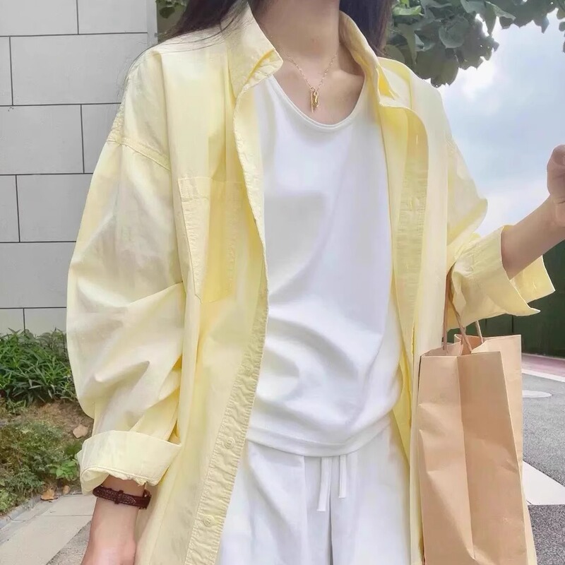 2026 New Style Cream Yellow Long-Sleeved Shirt for Women, Summer Loose and Versatile, Suitable for Commuting, Sun Protection, Collared Shirt Jacket Top