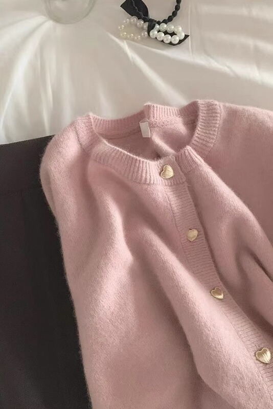 Pink Knitted Cardigan for Women, Spring and Autumn, Gentle Style, Raccoon Fur, High-End Short Sweater Jacket, Petite Top