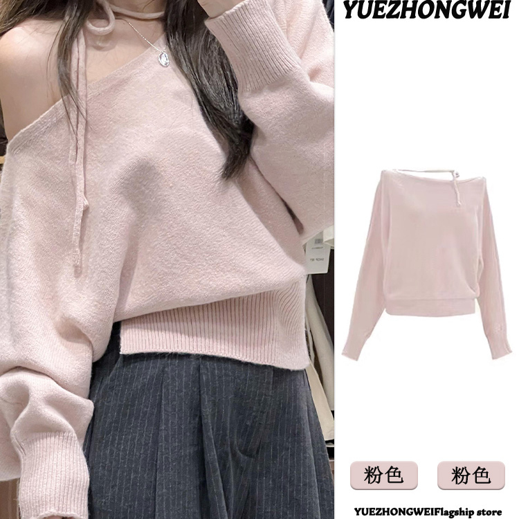 Pink Niche Knitwear Off-Shoulder Sweater for Women, Autumn and Winter 2026 New Korean Style Short Knit Top