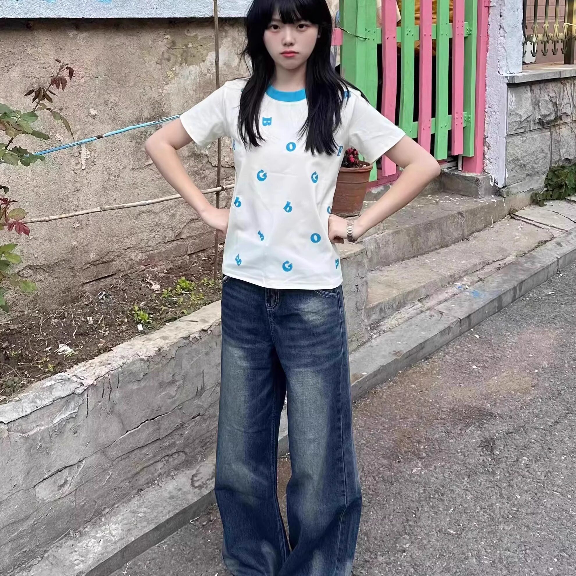 夏季搞怪趣味童趣字母印花小众修身显瘦辣妹百搭休闲正肩T恤短袖