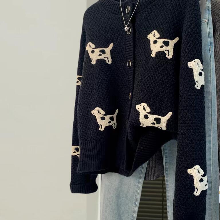 Black Puppy Sweater Coat for Women, Spring and Autumn, Thick, Short, Loose Fit, Petite, High-End Feel, Round Neck Knit Cardigan, Early Autumn Black Puppy Sweater Coat for Women, Spring and Autumn, Thick, Short, Loose Fit, Petite, High-End Feel, Round Neck Knit Cardigan, Early Autumn
