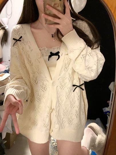 Hollow Bow Thin Spring and Summer New Style Sweater, Sweet Loose Knit Top Cardigan Jacket for Women