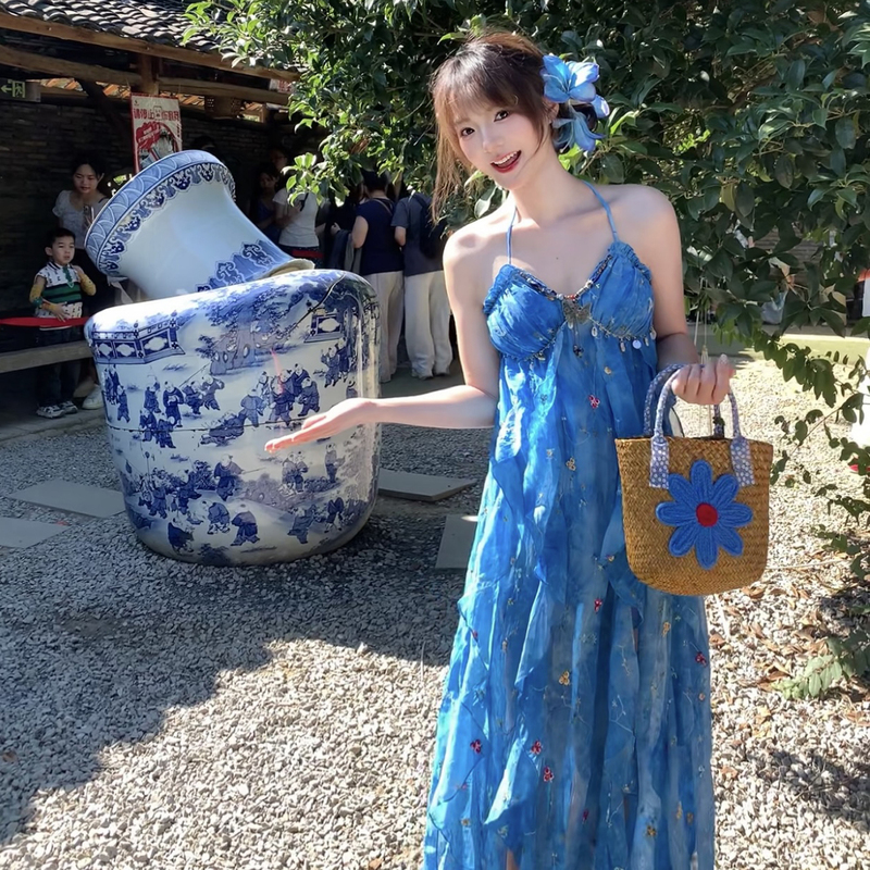 Beautiful Summer Resort-Style Long Dress with Blue Rose Gradient, Backless, Detachable Sleeves, Slit, Irregular Dress