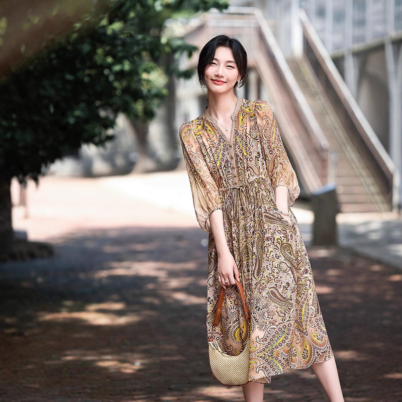 Pezley Small V Neck Retro Elegant Silk Printed Dress Women's Summer Style Lace-Up Waist Slimming Look Long Skirt