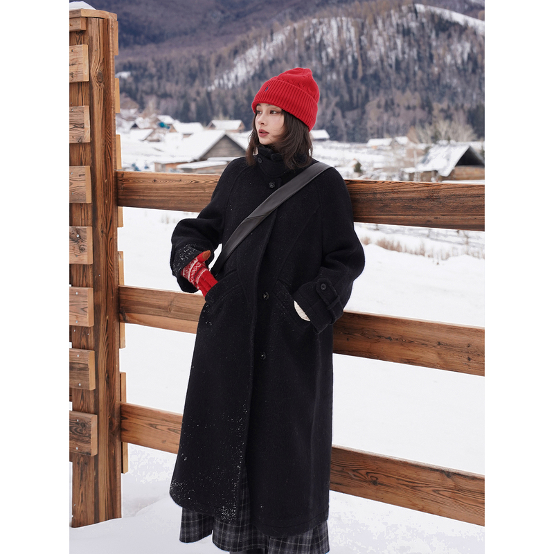 Floating Life Eight Notes: "Norwegian Winter Season" Wool Raglan Sleeve Stand Collar Structured Long Coat Women's Outerwear