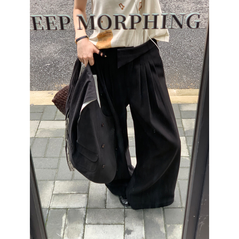Floating Life Notes: "Strolling in the Mahei District" French-Style Wool Blend Retro Asymmetrical Loose Versatile Trousers
