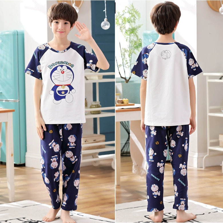 Boy con bộ đồ ngủ bé trai mùa hè ngắn tay quần cotton phần mỏng lớn Tong Chunqiu bông tracksuit phù hợp