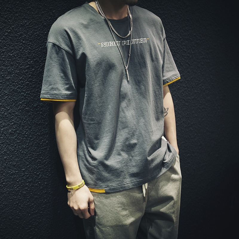 Kangshi Yishu Trendy Brand Fake Two-Piece Short-Sleeved T-Shirt for Men, New Summer Style, Loose and Versatile, Pure Cotton Round Neck Half-Sleeve Top