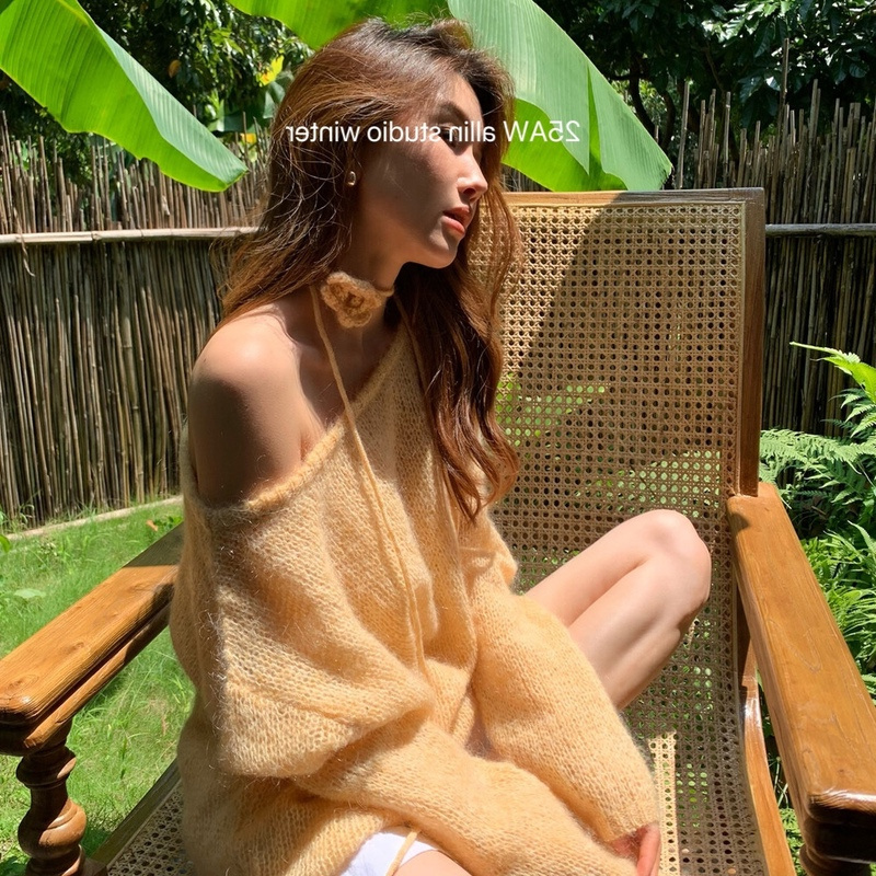 Spring Tops with Neck Flowers, New Korean Style Loose and Lazy Mohair Hollow-Out Off-Shoulder Knitwear for Autumn and Winter