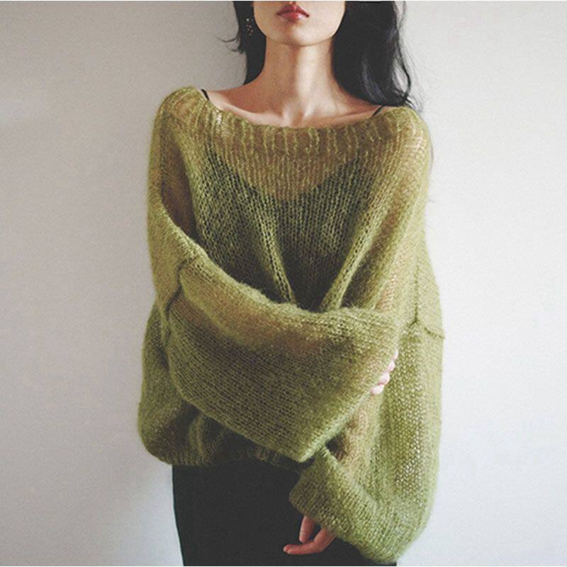 Hollow-Out Sweater for Women with a One-Line Neckline, High-End Mohair, Green, Fashionable, Early Autumn Hot Item, Purely Hand-Knitted Top Hollow-Out Sweater for Women with a One-Line Neckline, High-End Mohair, Green, Fashionable, Early Autumn Hot Item, Purely Hand-Knitted Top