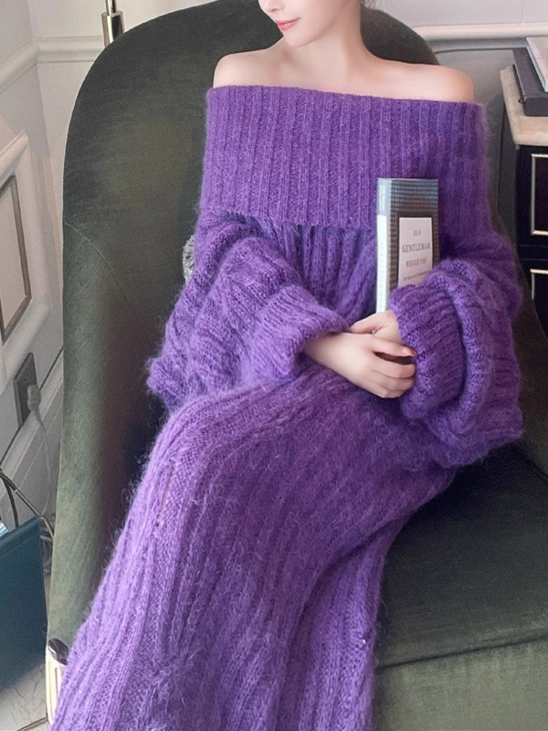 Unique Purple Mohair Off-Shoulder Long Sweater, Autumn and Winter Matching with Coats and Sweater Dresses, Long Over-The-Knee Dress