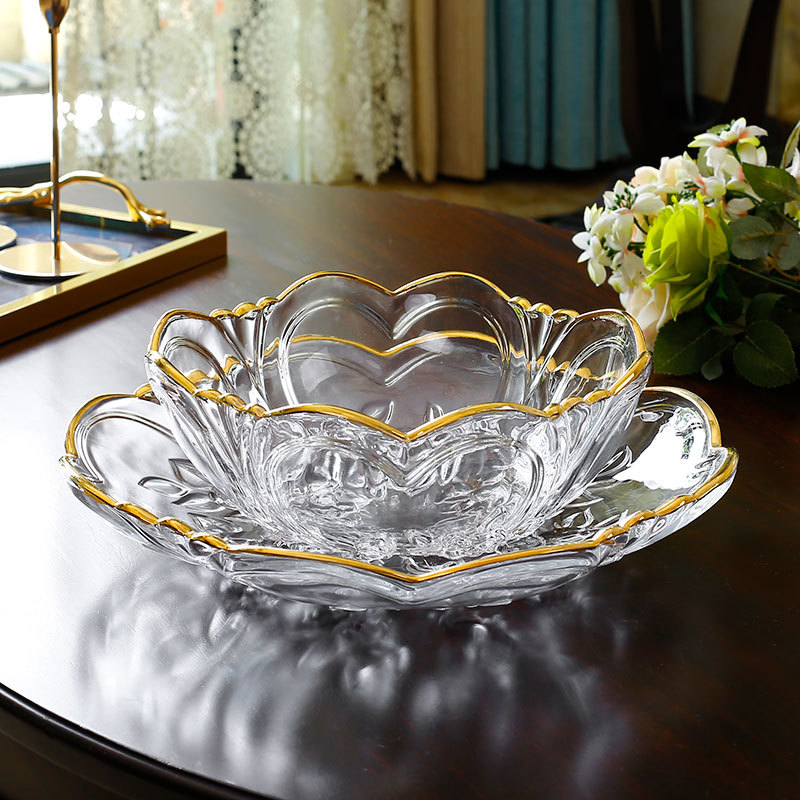 European-Style Light Luxury Gold-Rimmed Crystal Glass Tall Fruit Plate for Home Living Room Coffee Table Fruit Bowl Snack Plate Candy Plate European-Style Light Luxury Gold-Rimmed Crystal Glass Tall Fruit Plate for Home Living Room Coffee Table Fruit Bowl Snack Plate Candy Plate