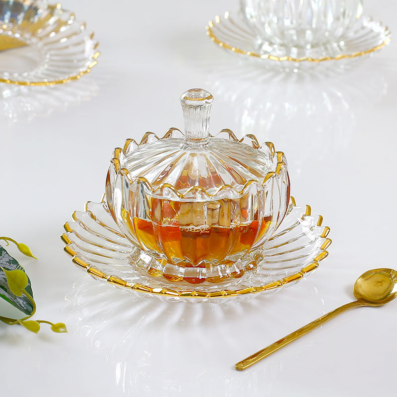 Light Luxury Gold-Rimmed Transparent Crystal Glass Dessert Bowl with Lid, Bird's Nest Cup, Small Exquisite Tableware, Beauty Salon Sugar Water Bowl