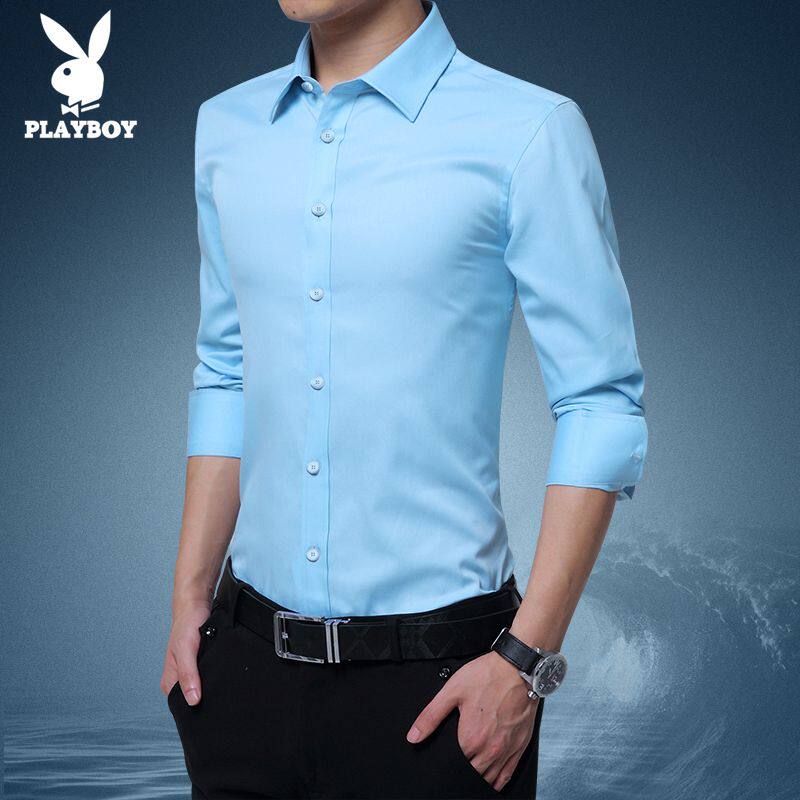 Playboy long sleeve men's 2018 Spring and Autumn New Youth Business Leisure solid color white shirt men's dress