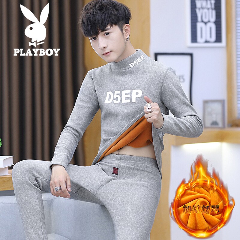 Playboy winter men's thermal underwear suit plus velvet thick bottoming cotton sweater teen autumn clothes sanitary pants