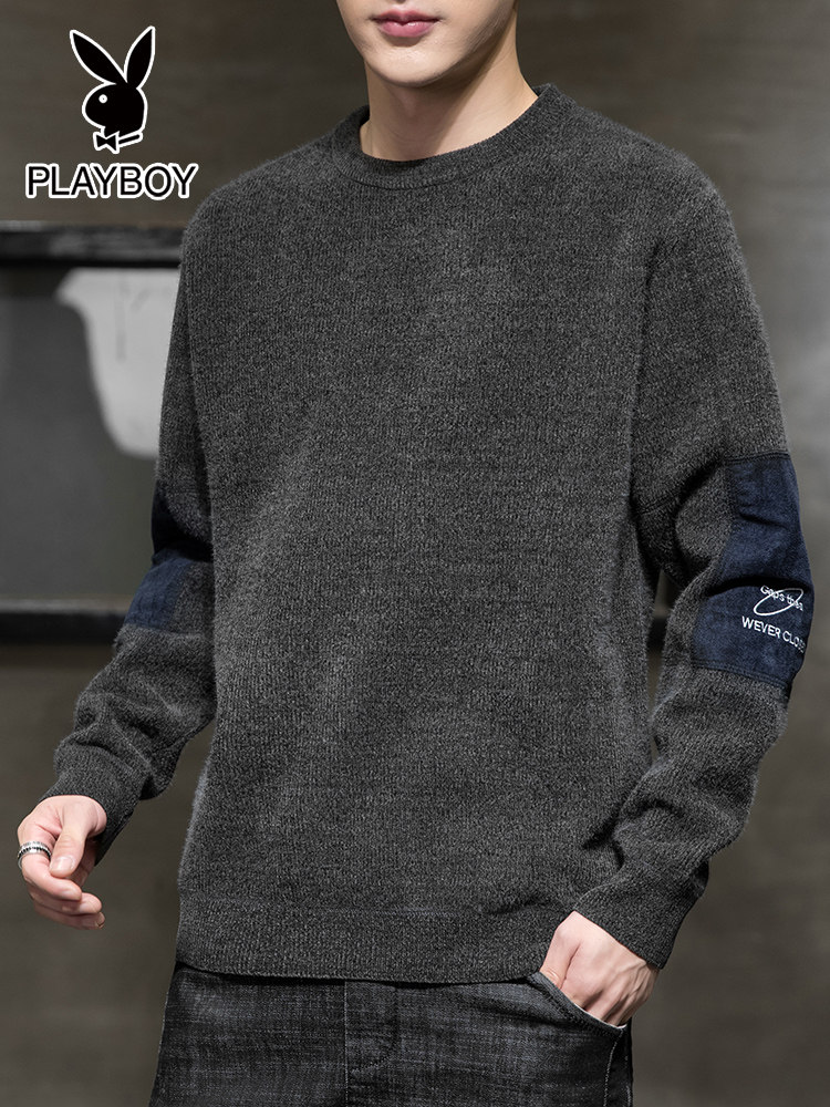 Playboy round neck sweater men's 2021 new explosions plus velvet padded autumn and winter men's knitted bottoming shirt